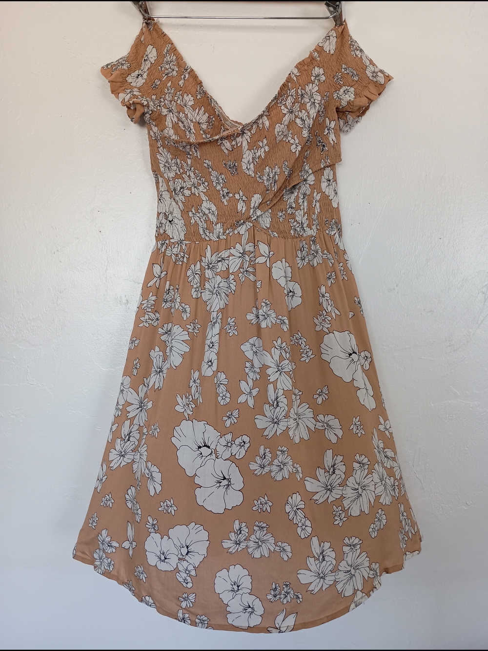 Aakaa Off The Shoulder Smocked Floral Mini Dress